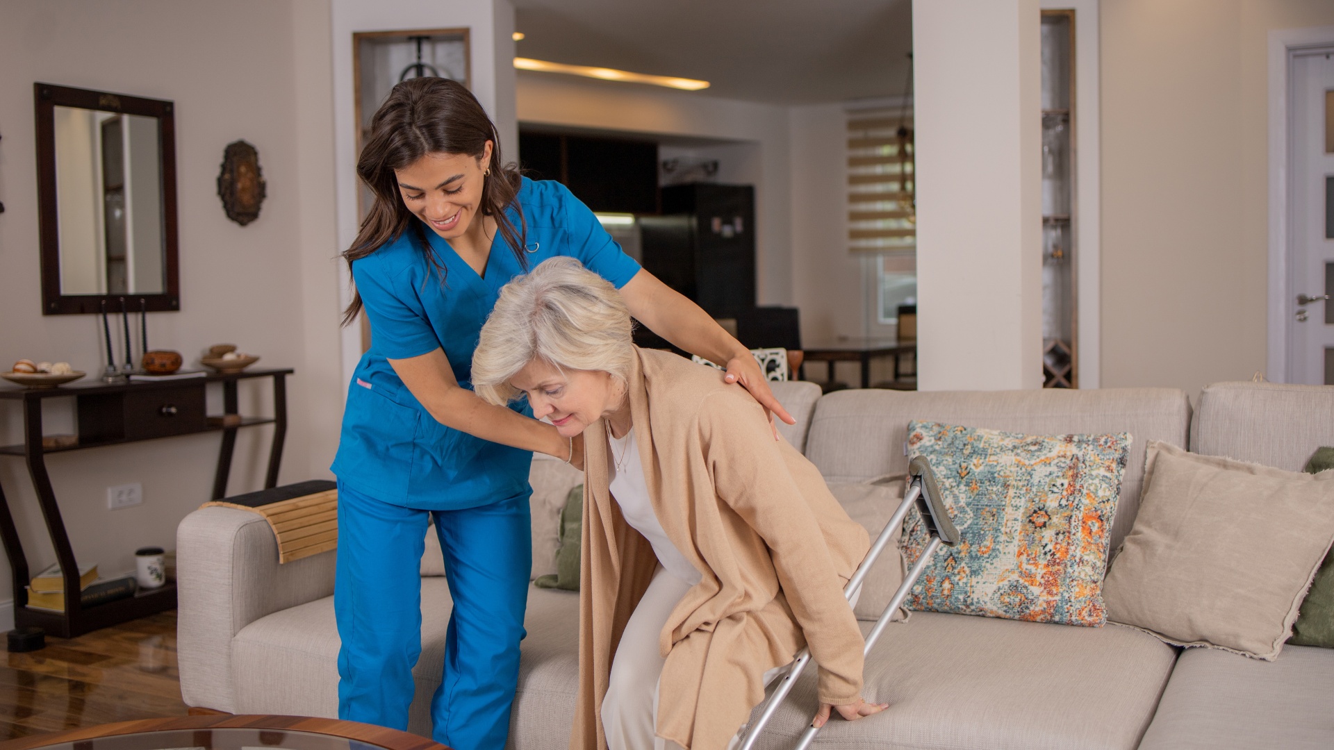 Client receiving personal care assistance in a comfortable home environment